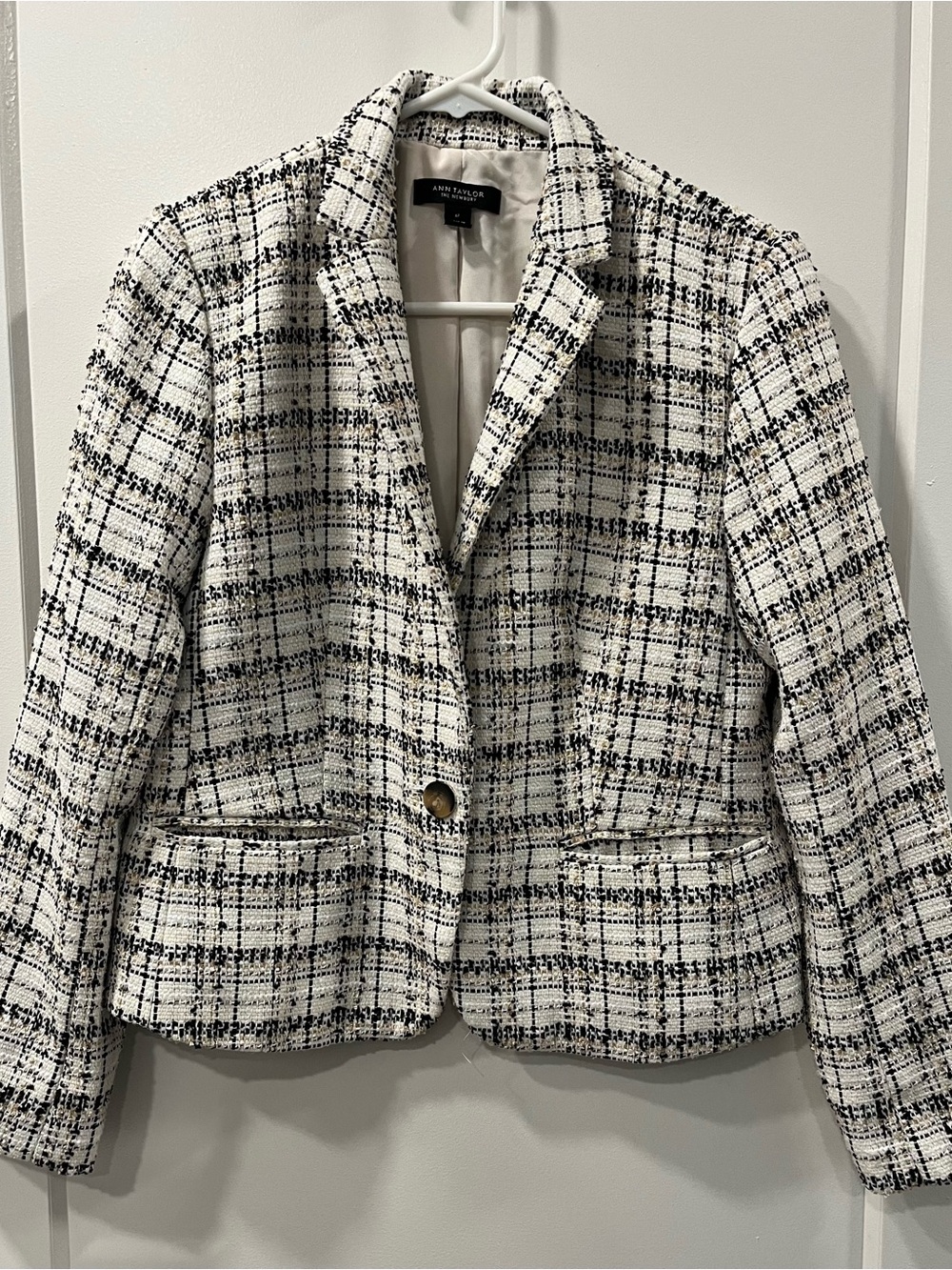 Ann Taylor Black & White Tweed Plaid Blazer